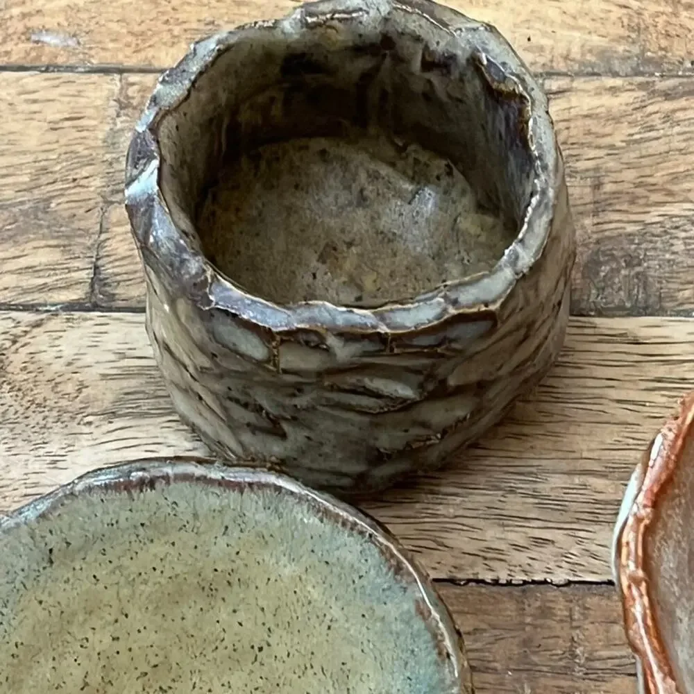 Organic Shape Handmade Textured Ceramic Bowls Set of 4 Rustic Earthy Tones
